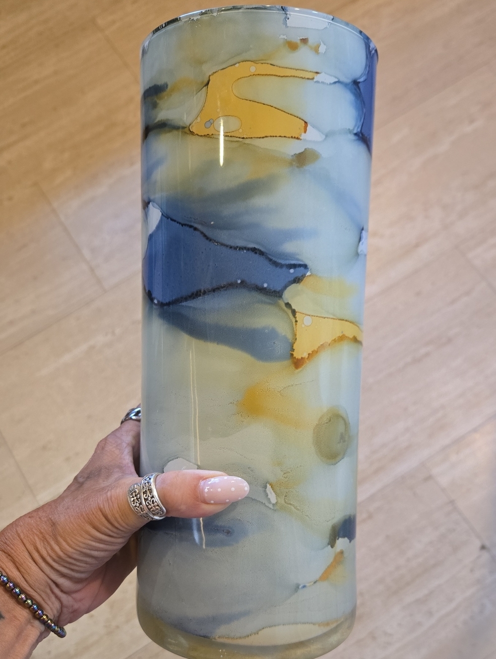 Tall Cylinder Multi-Color Marble Swirl Design Glass Vase
